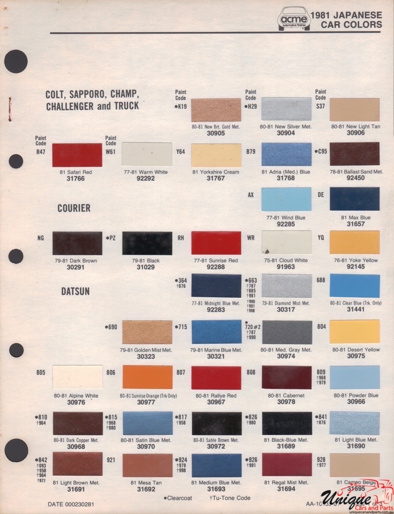 1981 Chrysler Paint Charts Import Acme 1